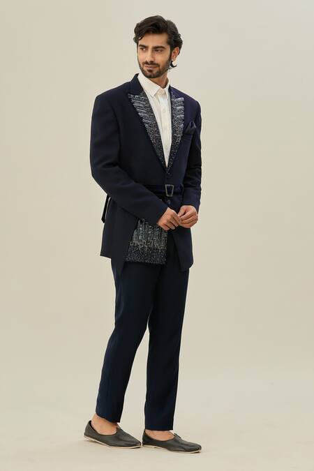 Buy_Arihant Rai Sinha_Blue Lycra, Taffeta Beads Abstract Work Blazer And Pant Set_Online_at_Aza_Fashions