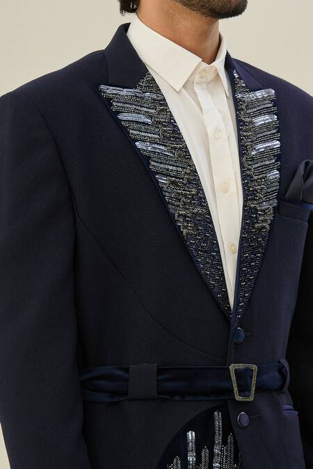 Shop_Arihant Rai Sinha_Blue Lycra, Taffeta Beads Abstract Work Blazer And Pant Set_Online_at_Aza_Fashions