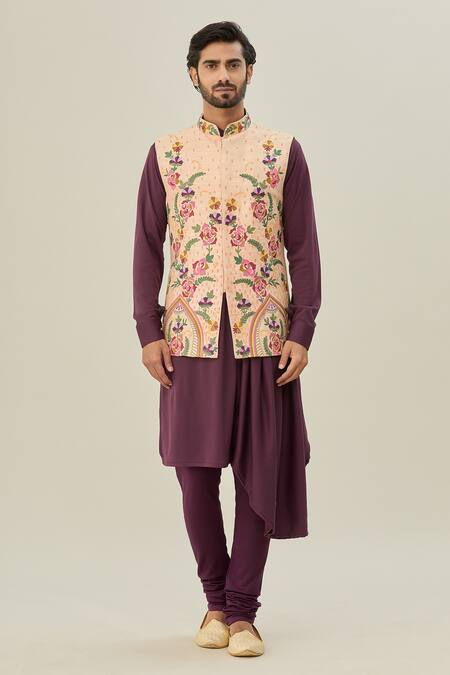 Buy_Arihant Rai Sinha_Peach Cotton, Silk Embroidery Nehru Jacket And Kurta Set_Online_at_Aza_Fashions