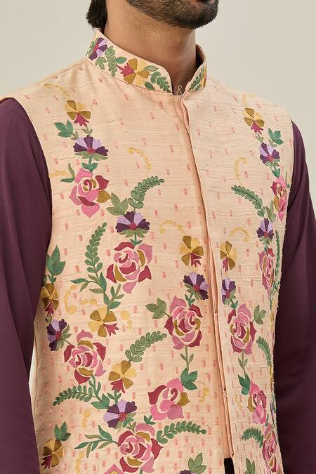 Shop_Arihant Rai Sinha_Peach Cotton, Silk Embroidery Nehru Jacket And Kurta Set_Online_at_Aza_Fashions
