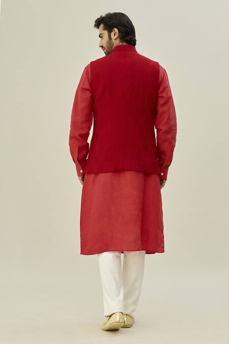 Shop Arihant Rai Sinha Red Cotton, Silk, Brocade Embroidery Floral Woven Bundi And Kurta Set at Aza Fashions Shop_Arihant Rai Sinha_Red Cotton, Silk, Brocade Embroidery Floral Woven Bundi And Kurta Set_at_Aza_Fashions