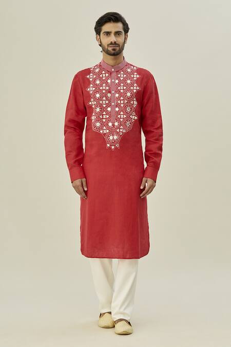 Arihant Rai Sinha Red Cotton, Silk, Brocade Embroidery Floral Woven Bundi And Kurta Set Online at Aza Fashions Arihant Rai Sinha_Red Cotton, Silk, Brocade Embroidery Floral Woven Bundi And Kurta Set_Online_at_Aza_Fashions