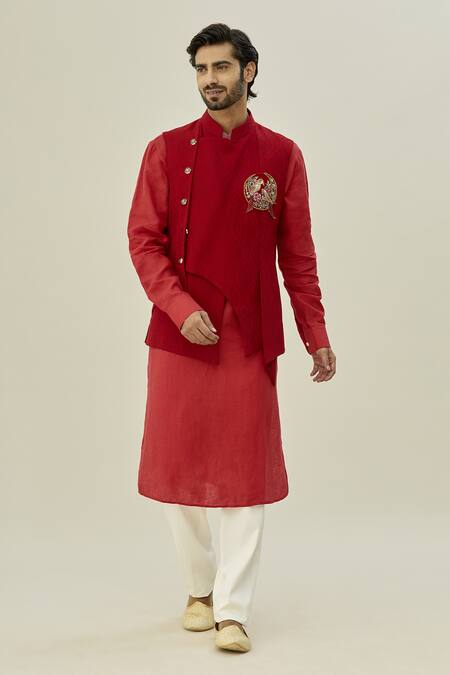 Buy Arihant Rai Sinha Red Cotton, Silk, Brocade Embroidery Floral Woven Bundi And Kurta Set Online at Aza Fashions Buy_Arihant Rai Sinha_Red Cotton, Silk, Brocade Embroidery Floral Woven Bundi And Kurta Set_Online_at_Aza_Fashions