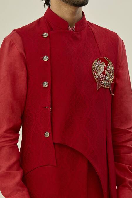 Shop Arihant Rai Sinha Red Cotton, Silk, Brocade Embroidery Floral Woven Bundi And Kurta Set Online at Aza Fashions Shop_Arihant Rai Sinha_Red Cotton, Silk, Brocade Embroidery Floral Woven Bundi And Kurta Set_Online_at_Aza_Fashions