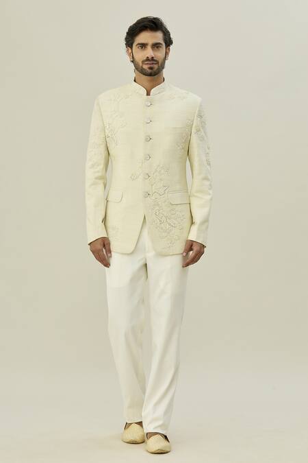 Buy Arihant Rai Sinha Cream Silk, Taffeta, Cotton Cut Work, Embroidery Thread Bandhgala Set Buy_Arihant Rai Sinha_Cream Silk, Taffeta, Cotton Cut Work, Embroidery Thread Bandhgala Set