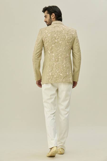 Shop Arihant Rai Sinha Beige Cotton, Taffeta Cut Work Cutdana Embroidered Bandhgala Set at Aza Fashions Shop_Arihant Rai Sinha_Beige Cotton, Taffeta Cut Work Cutdana Embroidered Bandhgala Set_at_Aza_Fashions