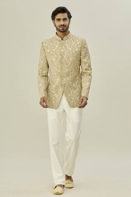 Arihant Rai Sinha Beige Cotton, Taffeta Cut Work Cutdana Embroidered Bandhgala Set Online at Aza Fashions Arihant Rai Sinha_Beige Cotton, Taffeta Cut Work Cutdana Embroidered Bandhgala Set_Online_at_Aza_Fashions