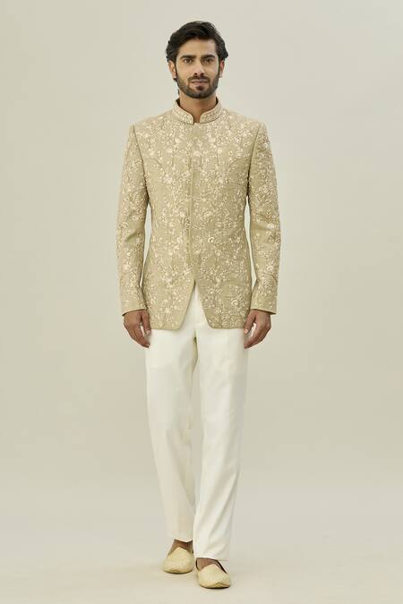 Arihant Rai Sinha Beige Cotton, Taffeta Cut Work Cutdana Embroidered Bandhgala Set at Aza Fashions Arihant Rai Sinha_Beige Cotton, Taffeta Cut Work Cutdana Embroidered Bandhgala Set_at_Aza_Fashions