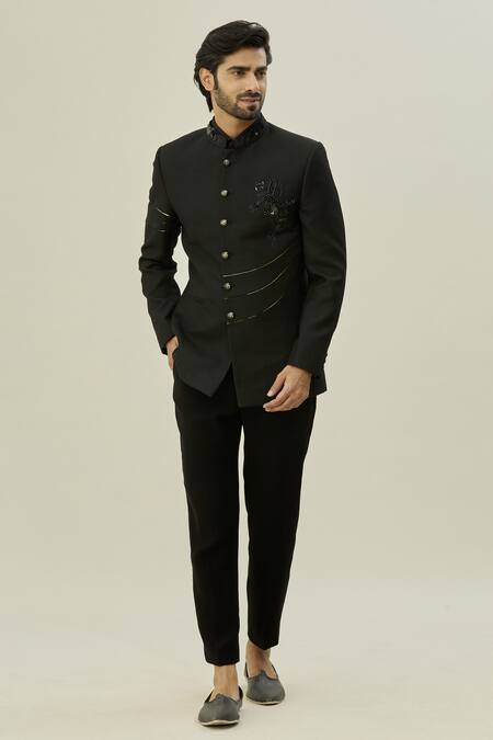 Arihant Rai Sinha Black Cotton, Taffeta Cut Work Thread Embroidered Bandhgala Set Online at Aza Fashions Arihant Rai Sinha_Black Cotton, Taffeta Cut Work Thread Embroidered Bandhgala Set_Online_at_Aza_Fashions