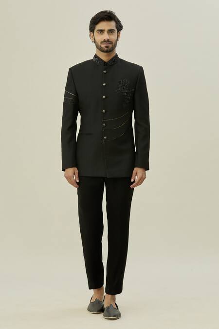 Arihant Rai Sinha Black Cotton, Taffeta Cut Work Thread Embroidered Bandhgala Set at Aza Fashions Arihant Rai Sinha_Black Cotton, Taffeta Cut Work Thread Embroidered Bandhgala Set_at_Aza_Fashions