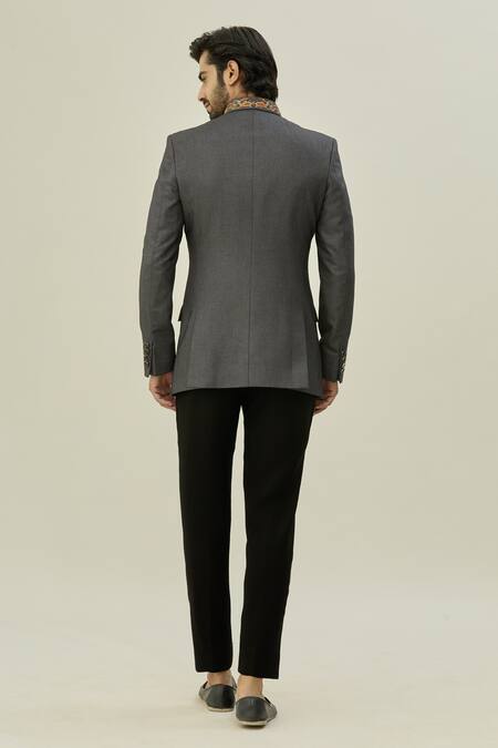 Shop Arihant Rai Sinha Grey Cotton, Taffeta Embroidery Resham Bandhgala Set at Aza Fashions Shop_Arihant Rai Sinha_Grey Cotton, Taffeta Embroidery Resham Bandhgala Set_at_Aza_Fashions