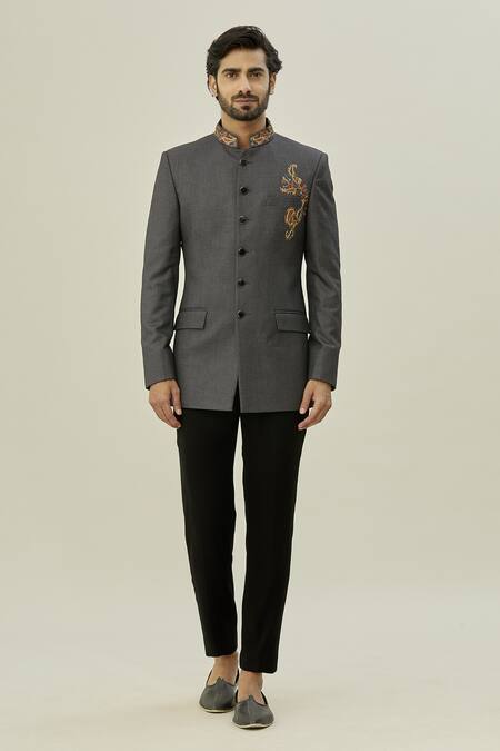 Arihant Rai Sinha Grey Cotton, Taffeta Embroidery Resham Bandhgala Set Online at Aza Fashions Arihant Rai Sinha_Grey Cotton, Taffeta Embroidery Resham Bandhgala Set_Online_at_Aza_Fashions