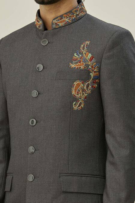 Shop Arihant Rai Sinha Grey Cotton, Taffeta Embroidery Resham Bandhgala Set Online at Aza Fashions Shop_Arihant Rai Sinha_Grey Cotton, Taffeta Embroidery Resham Bandhgala Set_Online_at_Aza_Fashions