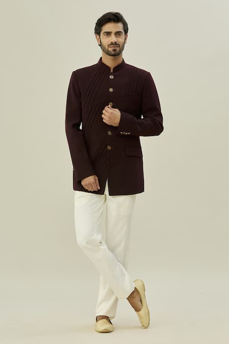 Aryavir Malhotra Wine Japanese Polyester Plain Pintuck Bandhgala And Pant Set 