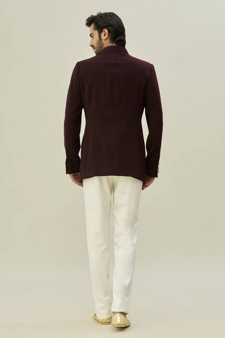 Shop Arihant Rai Sinha Wine Polyester Pintuck Bandhgala And Pant Set at Aza Fashions Shop_Arihant Rai Sinha_Wine Polyester Pintuck Bandhgala And Pant Set_at_Aza_Fashions