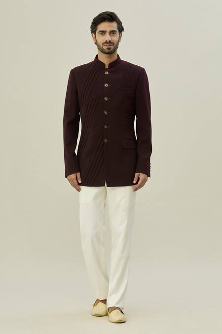 Arihant Rai Sinha Wine Polyester Pintuck Bandhgala And Pant Set at Aza Fashions Arihant Rai Sinha_Wine Polyester Pintuck Bandhgala And Pant Set_at_Aza_Fashions