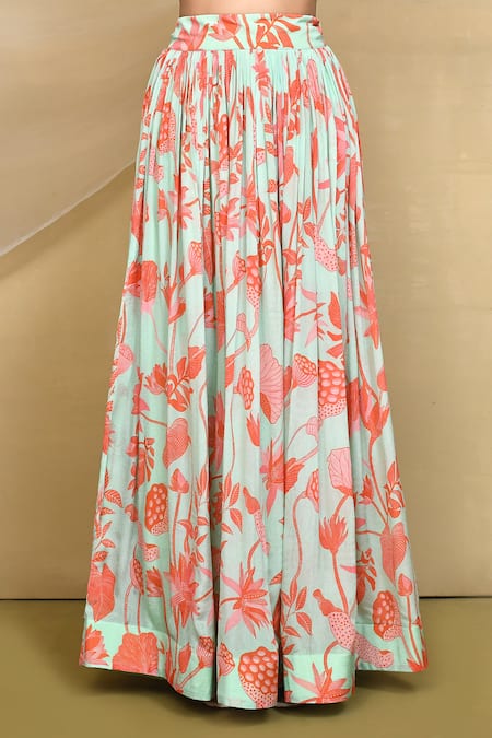 Naintara Bajaj_Green Chinon, Organza Scoop Neck Floral Printed Gathered Lehenga Set _Online_at_Aza_Fashions