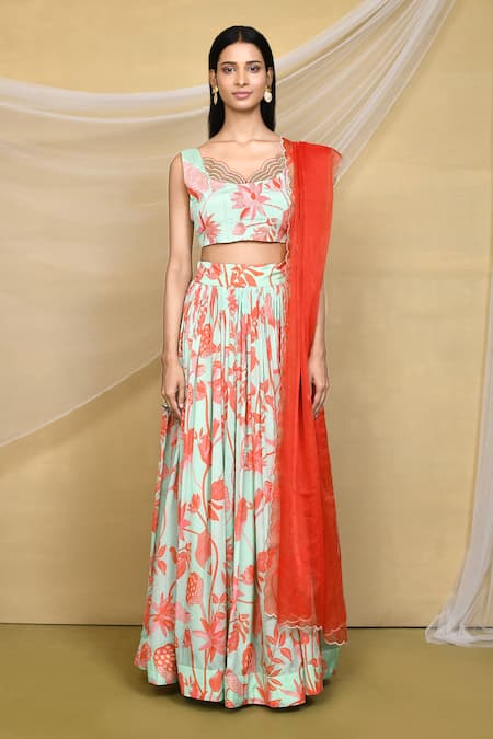 Buy_Naintara Bajaj_Green Chinon, Organza Scoop Neck Floral Printed Gathered Lehenga Set _Online_at_Aza_Fashions