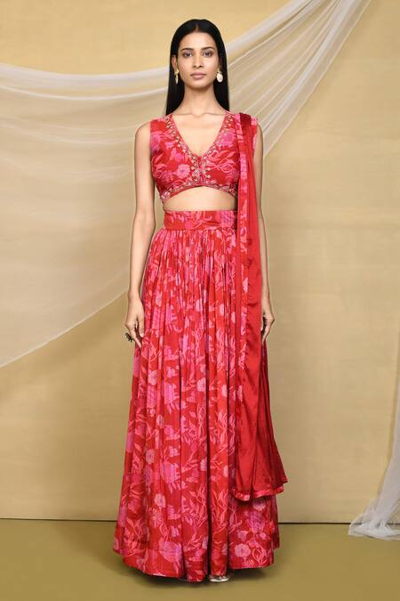 Buy_Samyukta Singhania_Red Chiffon Embroidery V-neck Pomegranate Print Gathered Lehenga Blouse Set_Online_at_Aza_Fashions