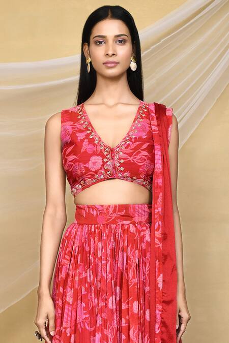 Shop_Samyukta Singhania_Red Chiffon Embroidery V-neck Pomegranate Print Gathered Lehenga Blouse Set_Online_at_Aza_Fashions