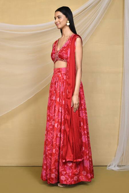Samyukta Singhania_Red Chiffon Embroidery V-neck Pomegranate Print Gathered Lehenga Blouse Set_at_Aza_Fashions