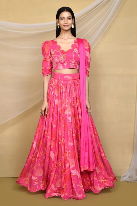 Buy_Samyukta Singhania_Pink Chiffon Embroidery Scoop Neck Leaf Print Gathered Lehenga Blouse Set_Online_at_Aza_Fashions