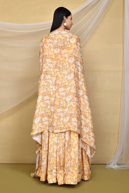 Shop_Samyukta Singhania_Yellow Chiffon Embroidery Round Neck Floral Print Gathered Lehenga Set _at_Aza_Fashions