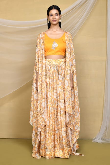 Shop_Samyukta Singhania_Yellow Chiffon Embroidery Round Neck Floral Print Gathered Lehenga Set _Online_at_Aza_Fashions