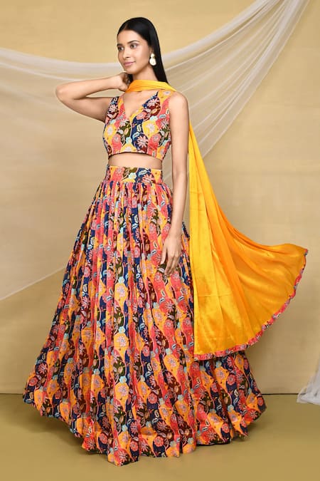 Samyukta Singhania Yellow Pure Chinon Printed Floral V Neck Gathered Lehenga Set With Solid Dupatta