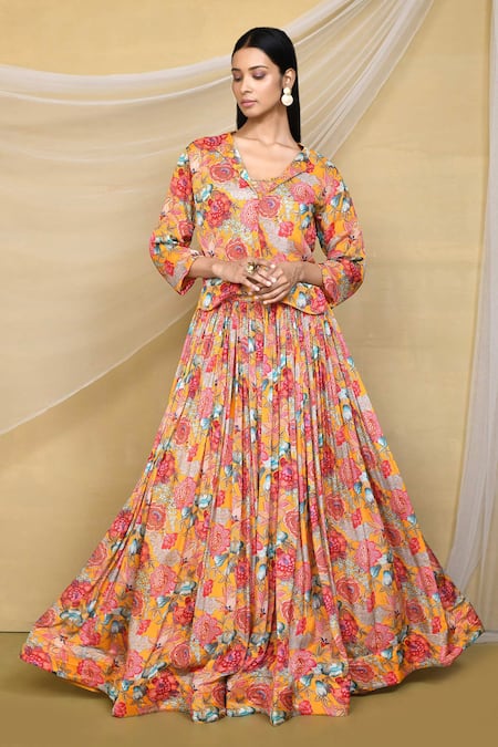 Samyukta Singhania Multi Color Pure Chinon Printed Floral Blouse Round Gathered Lehenga Jacket Set