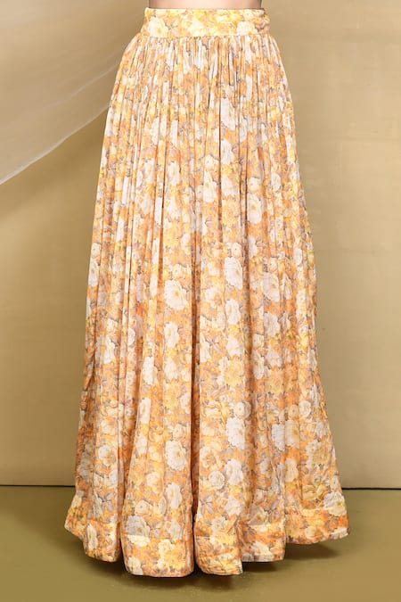 Samyukta Singhania_Yellow Chiffon, Organza Embroidery Printed Flared Sleeve Blouse Lehenga Set_Online_at_Aza_Fashions