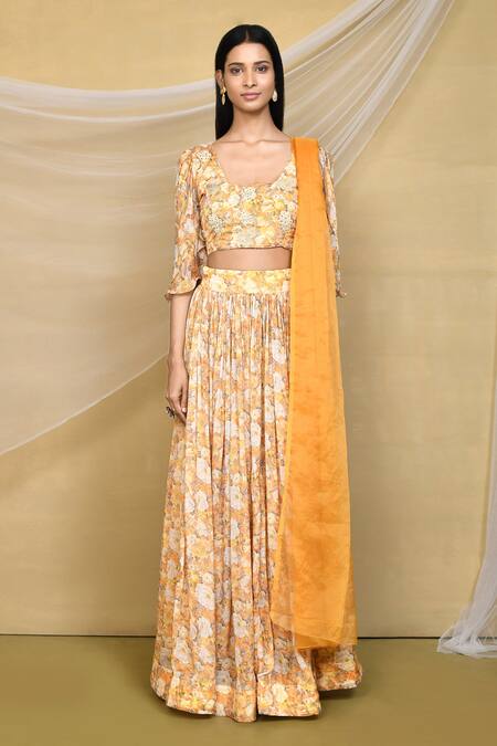 Buy_Samyukta Singhania_Yellow Chiffon, Organza Embroidery Printed Flared Sleeve Blouse Lehenga Set_Online_at_Aza_Fashions