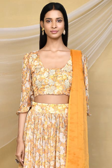 Shop_Samyukta Singhania_Yellow Chiffon, Organza Embroidery Printed Flared Sleeve Blouse Lehenga Set_Online_at_Aza_Fashions