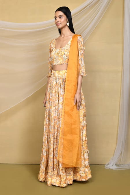 Samyukta Singhania_Yellow Chiffon, Organza Embroidery Printed Flared Sleeve Blouse Lehenga Set_at_Aza_Fashions