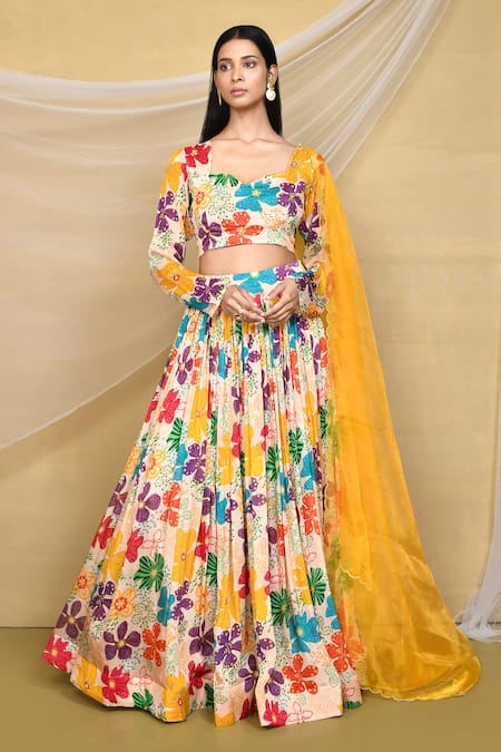 Samyukta Singhania Multi Color Pure Chinon Printed Floral Sweetheart Lehenga Blouse Set