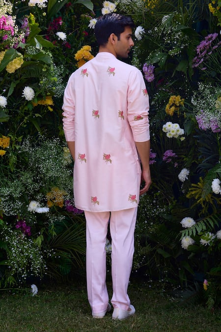 Shop_Shyam Narayan Prasad_Pink Silk, Chanderi Embroidery Hand Block Print Kurta And Trouser Set _at_Aza_Fashions