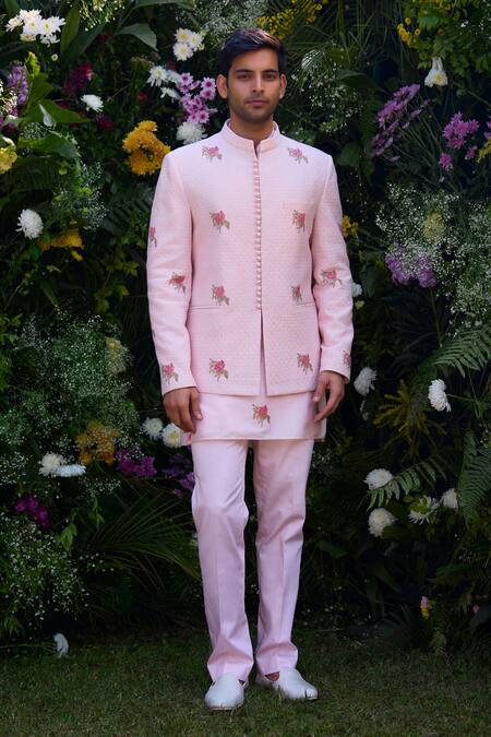 Buy_Shyam Narayan Prasad_Pink Silk, Chanderi Embroidery Hand Block Print Kurta And Trouser Set _Online_at_Aza_Fashions