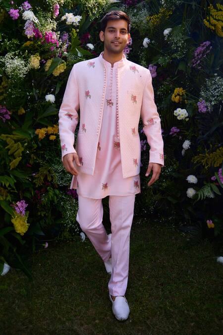 Shop_Shyam Narayan Prasad_Pink Silk, Chanderi Embroidery Hand Block Print Kurta And Trouser Set _Online_at_Aza_Fashions