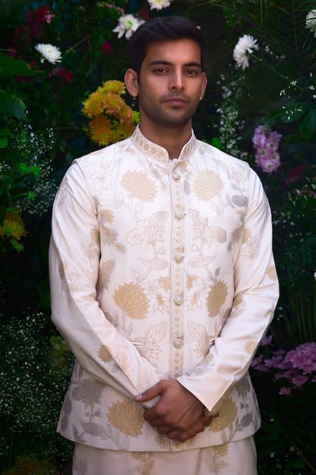 Shyam Narayan Prasad_White Cotton, Silk Embroidery Patchwork Waistcoat Kurta Set _Online_at_Aza_Fashions