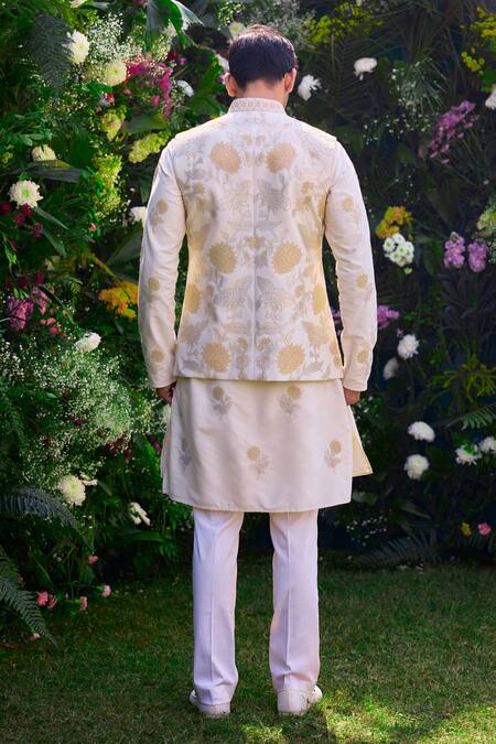 Shyam Narayan Prasad_White Cotton, Silk Embroidery Patchwork Waistcoat Kurta Set _at_Aza_Fashions