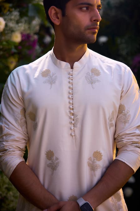 Shyam Narayan Prasad_White Cotton, Silk Embroidery Patchwork Kurta And Trouser Set _Online_at_Aza_Fashions