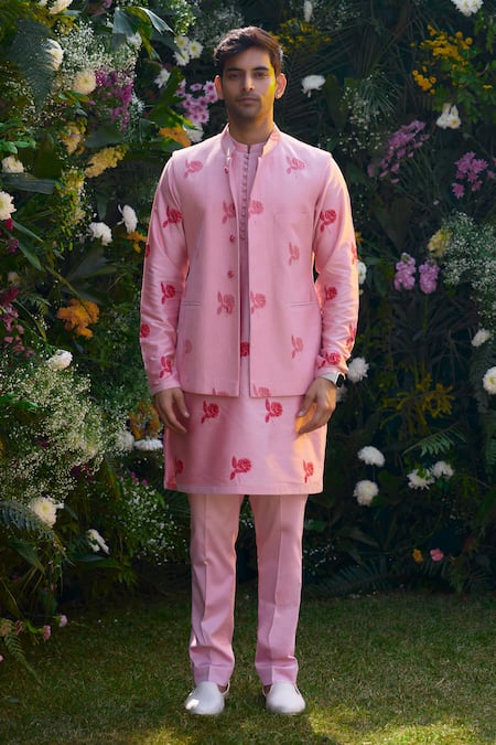 Shyam Narayan Prasad Pink Cotton Silk Hand Block Printed Floral Waistcoat Kurta Set 