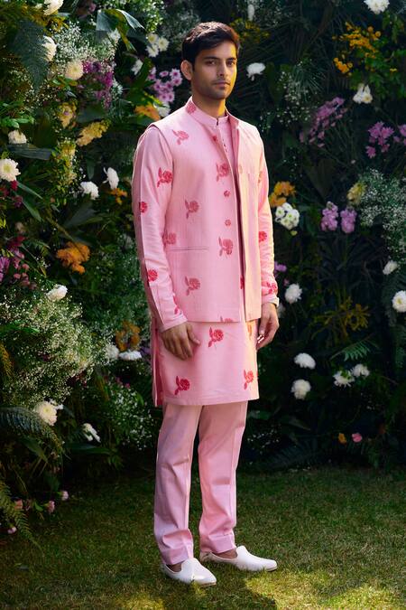 Shyam Narayan Prasad_Pink Cotton, Silk Embroidery Floral Hand Block Print Waistcoat Kurta Set _Online_at_Aza_Fashions