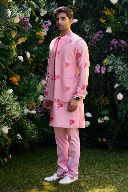 Buy_Shyam Narayan Prasad_Pink Cotton, Silk Embroidery Floral Hand Block Print Waistcoat Kurta Set _Online_at_Aza_Fashions