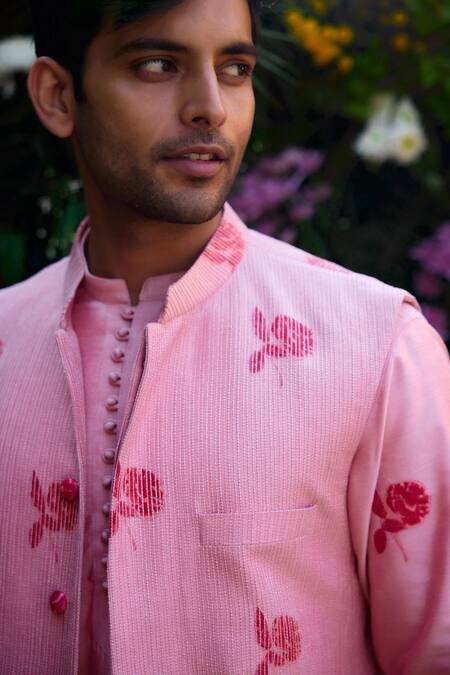 Shop_Shyam Narayan Prasad_Pink Cotton, Silk Embroidery Floral Hand Block Print Waistcoat Kurta Set _Online_at_Aza_Fashions