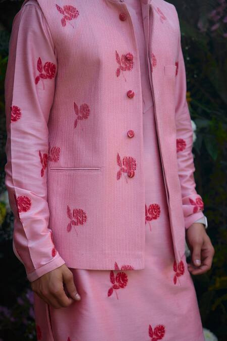Shyam Narayan Prasad_Pink Cotton, Silk Embroidery Floral Hand Block Print Waistcoat Kurta Set _at_Aza_Fashions
