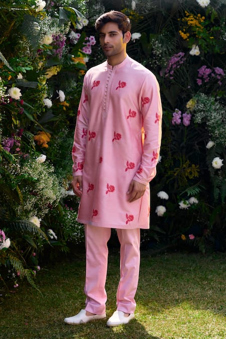 Shyam Narayan Prasad Pink Cotton Silk Hand Block Printed Floral Kurta And Trouser Set 