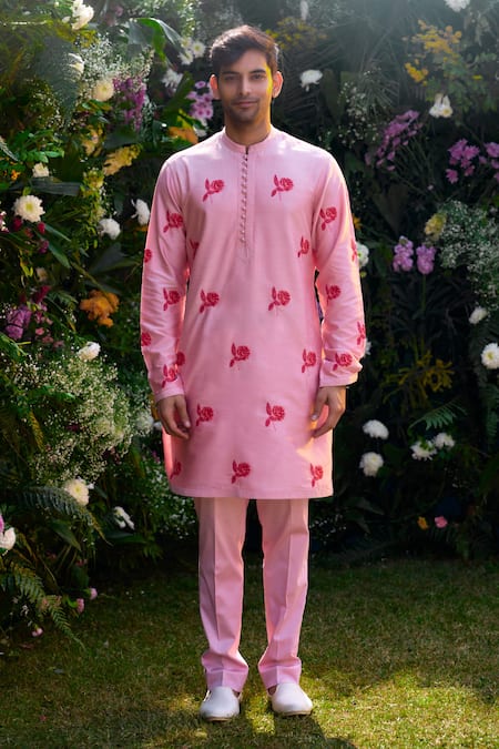 Shyam Narayan Prasad_Pink Cotton, Silk Floral Hand Block Print Kurta And Trouser Set _Online_at_Aza_Fashions