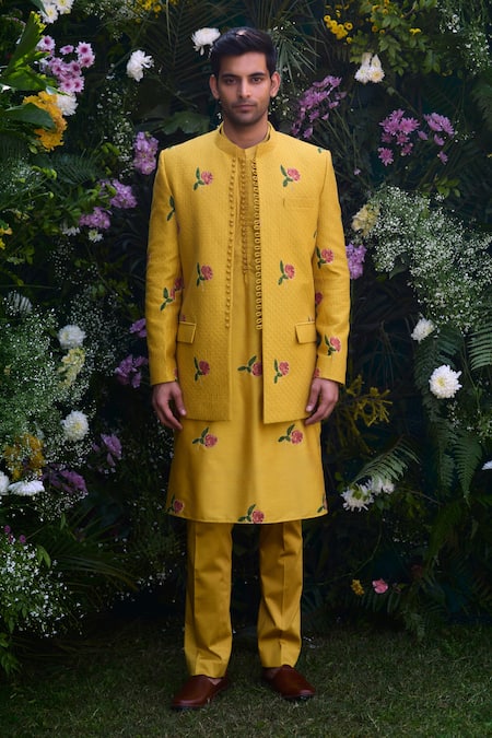 Shyam Narayan Prasad Gold Cotton Silk Hand Block Printed Floral Jacket Kurta Set 