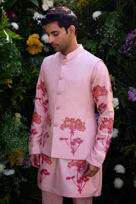 Shyam Narayan Prasad_Pink Cotton, Silk Embroidery Floral Block Print Waistcoat Kurta Set _Online_at_Aza_Fashions